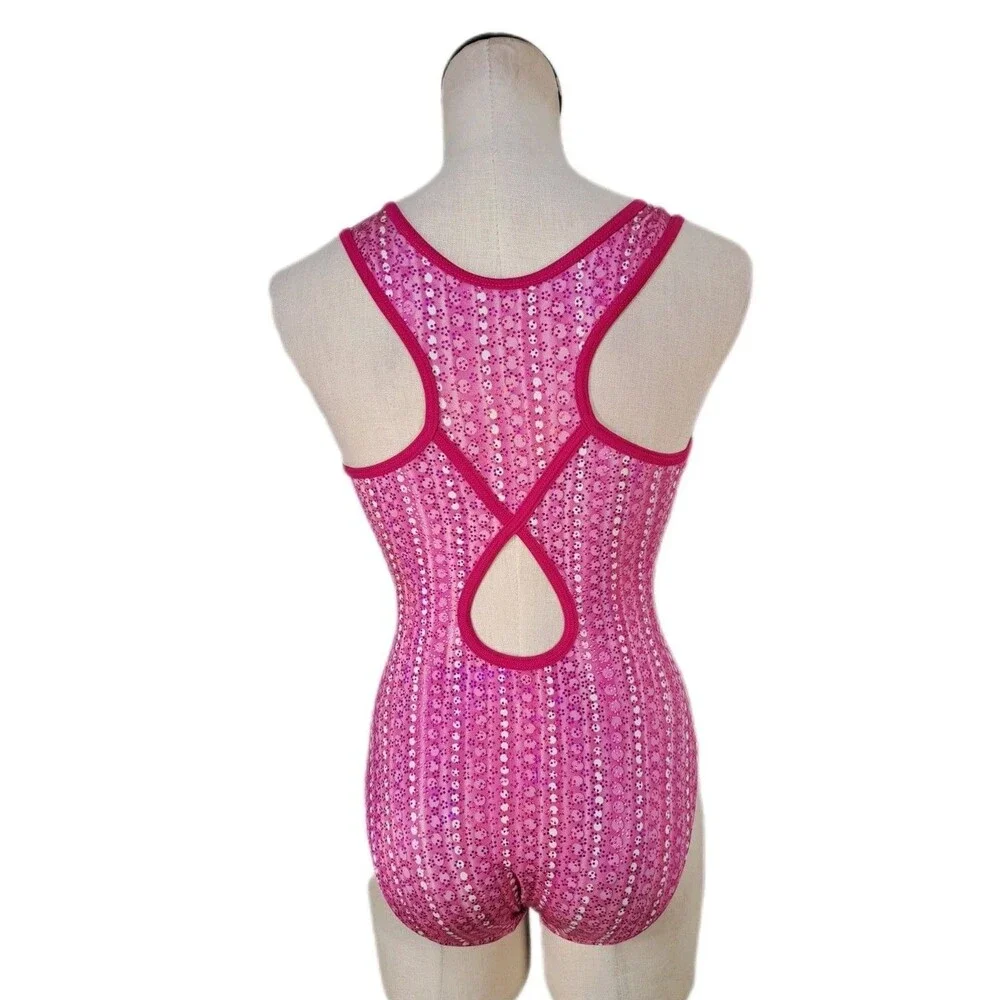 GK Elite VTG Pink Dots Keyhole Racerback Tank Leotard Glittery Size AL Adult L - Picture 5 of 16